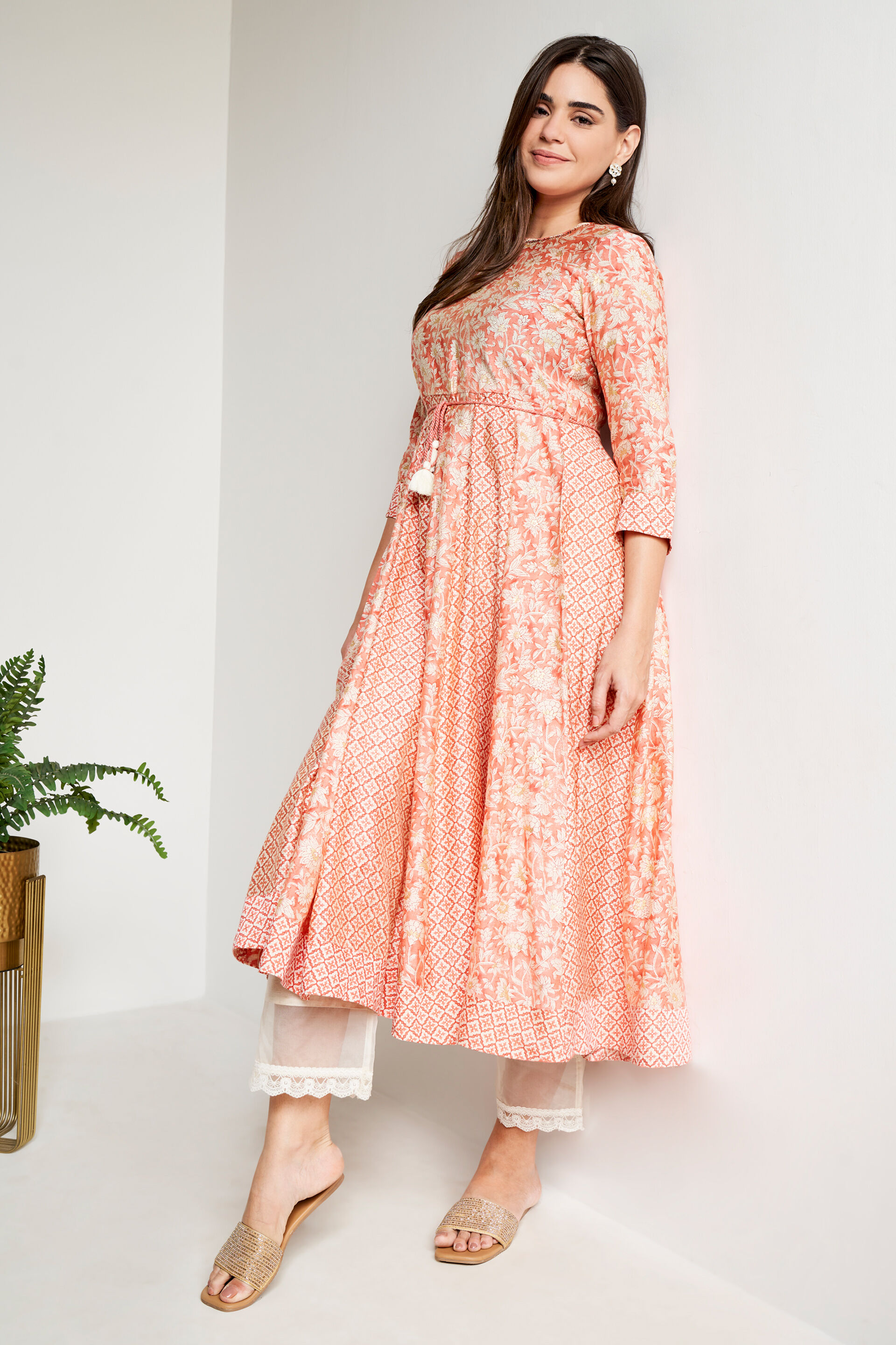 Peach Ethnic Motifs Flared Kurta, Peach, image 2